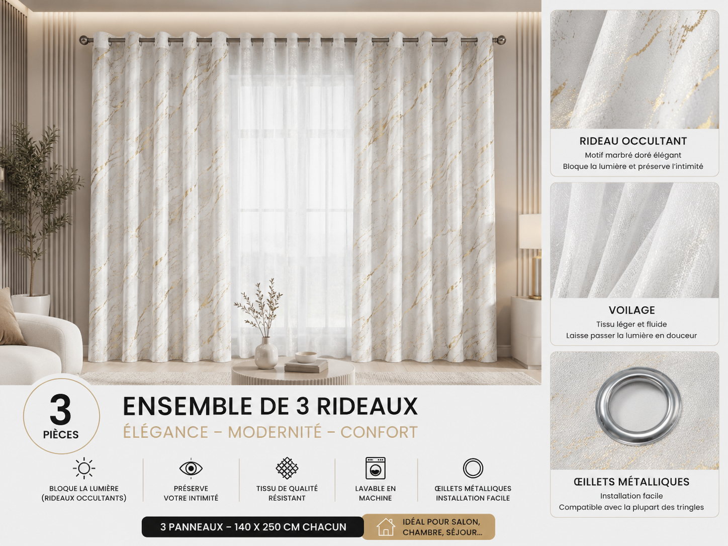 Lot de 3 Rideaux Élégants blanc doré– Style Moderne & Chic