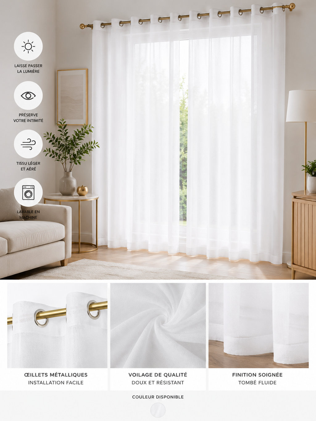 Lot de 3 Rideaux Élégants blanc doré– Style Moderne & Chic